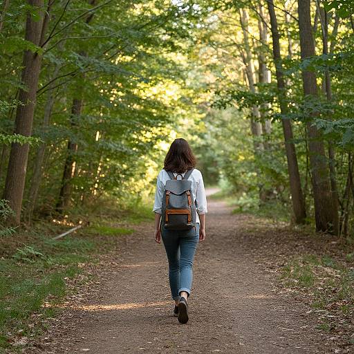 Photograph of a woman with shoulder-length brown hair, white shirt, blue jeans, and backpack walking down a sunlit forest path.