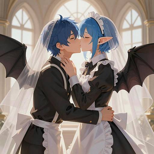 Anime Couple Wedding Kiss with Bat Wings