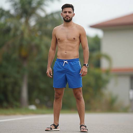 Realistic Outdoors Man in Blue Shorts