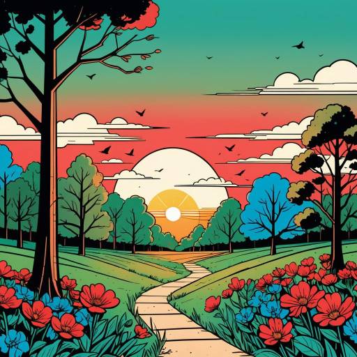 Colorful Sunset Landscape with Flowers and Trees
