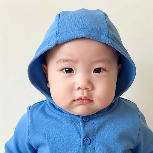 Photograph of a cute baby with fair skin and black eyes, wearing a blue hooded onesie with buttons, against a white background.