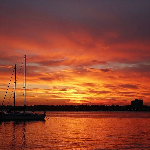 Photograph of a vivid sunset over calm water, with a silhouetted sailboat to the left, and a city skyline faintly visible in