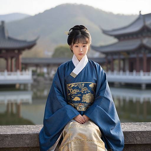 Photograph of a young Asian woman in traditional blue and gold Korean hanbok, sitting on a stone ledge by a tranquil pond, with traditional Korean