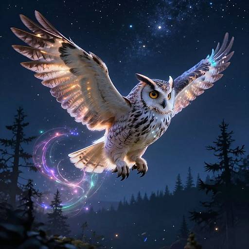 Digital artwork of a glowing owl with outstretched wings and a colorful, swirling tail, flying over a starry night sky and forest.