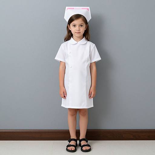 Photograph of a young girl with straight brown hair, wearing a white nurse costume, white cap, and black sandals, standing against a plain gray wall