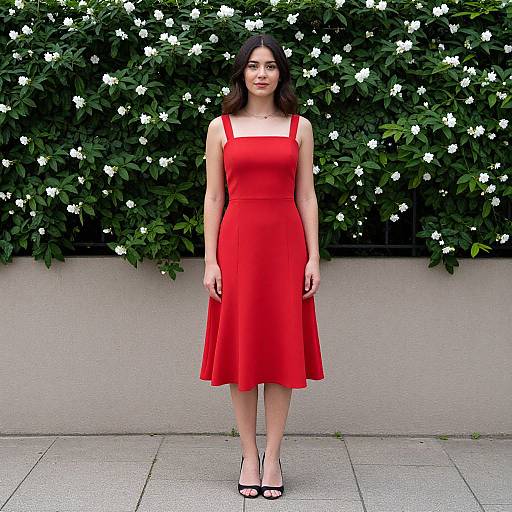 Photograph of a young woman with long black hair, wearing a sleeveless red dress, standing on a tiled sidewalk, against a background of lush green