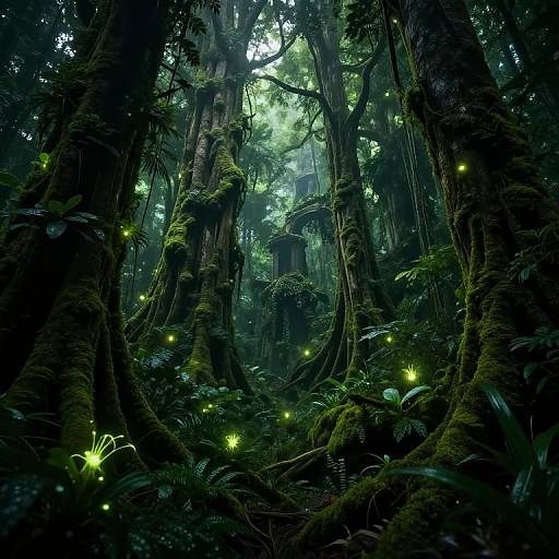 Photorealistic digital artwork of a dense, mystical forest with towering trees covered in moss, illuminated by glowing fireflies, and a hidden, ancient wooden