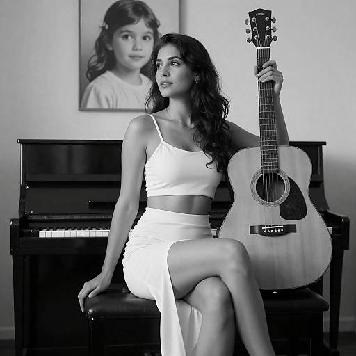 Monochrome Woman on Piano Bench with Guitar
