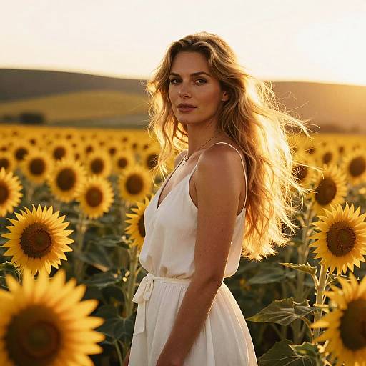 Photograph of a blonde woman with wavy hair, wearing a white sleeveless dress, standing in a sunlit sunflower field at sunset.