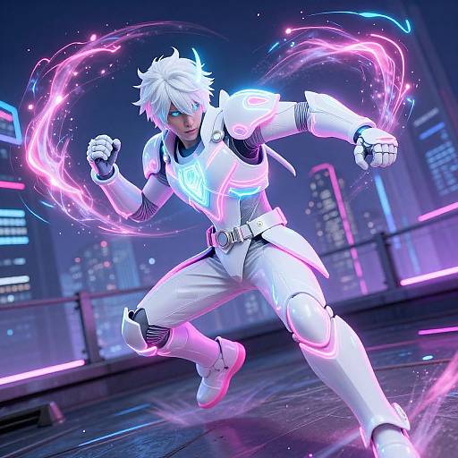 Digital artwork of a white-haired anime character in neon-lit, futuristic white armor, wielding glowing pink energy rings in a nighttime cityscape. Dynamic,