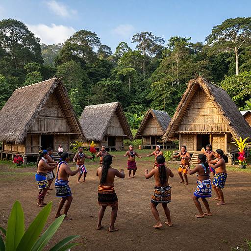 Photograph of Indigenous women in traditional blue and black patterned skirts, dancing in a clearing with thatched-roof huts, lush tropical forest in