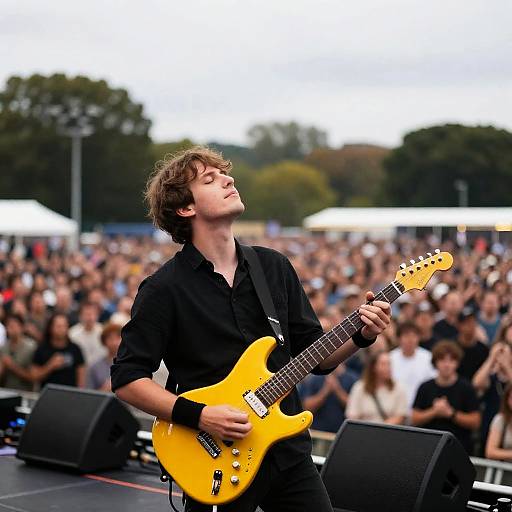 Male Guitarist Playing Electric Guitar on Outdoor Stage