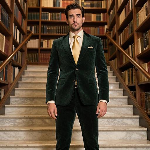 Photograph of a handsome man with dark hair and beard, wearing a black velvet suit with a yellow tie, standing in a grand library with booksh