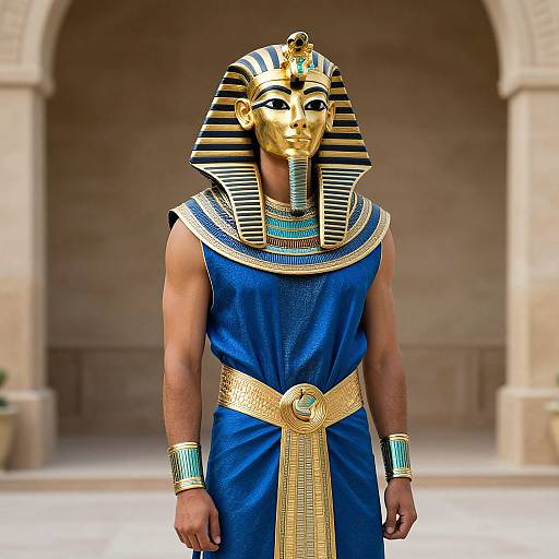 Photograph of a muscular man in an Egyptian pharaoh costume with a gold mask, blue tunic, striped headdress, and gold accessories, standing