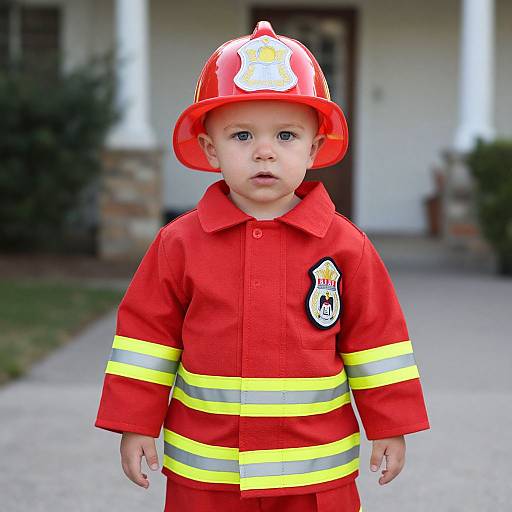 Photograph of a young boy with blue eyes, wearing a red firefighter outfit and helmet, standing on a driveway.