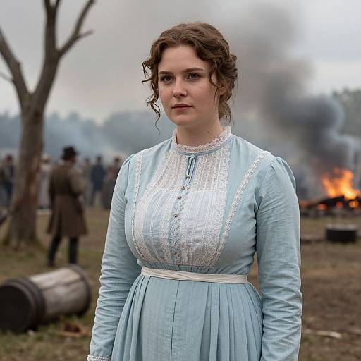 Photograph of a young woman with curly brown hair in a light blue, lace-trimmed, Victorian dress standing in a smoke-filled, war-t