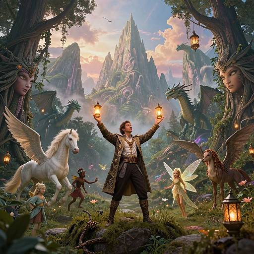Fantastical forest scene: Centaur-like man with raised lanterns, surrounded by fairy, white winged horse, and dragon, under ethereal