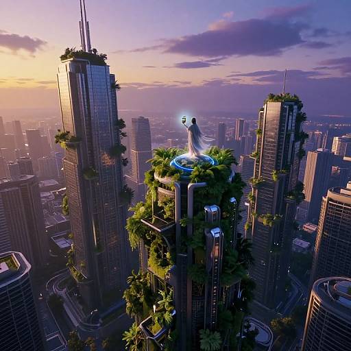 Digital art: futuristic cityscape at sunset with towering, glass skyscrapers covered in greenery, a glowing statue on a central rooftop, and vibrant