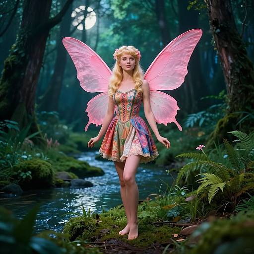 Blonde Fairy in Moonlit Magical Forest