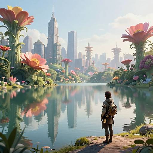 Digital art: Futuristic cityscape with towering flower-like plants, reflecting in a calm lake. A lone figure with backpack stands on a grassy bank