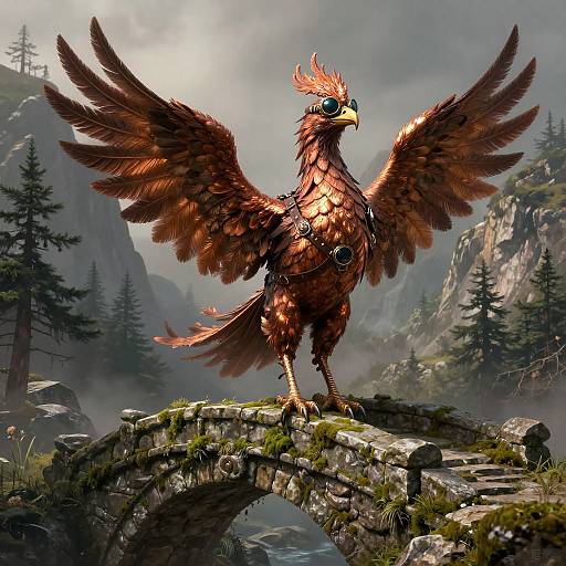 Digital artwork of a majestic, brown-feathered phoenix with fiery crest, wings spread wide, standing on a mossy stone bridge in a misty