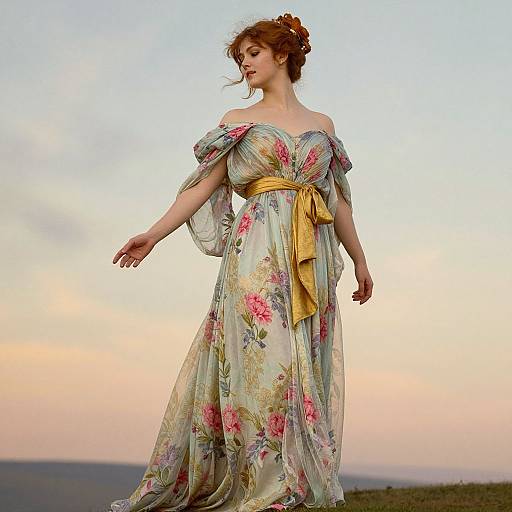 Photograph of a fair-skinned redheaded woman in an off-shoulder, floral-patterned, pale green gown with yellow ribbon, standing against