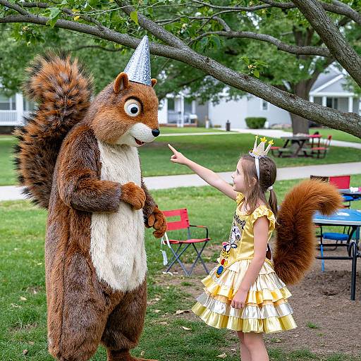 Photograph of a child in a yellow dress and crown pointing at a squirrel costume character wearing a party hat in a park.
