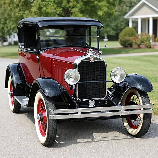 Photograph of a vintage red and black antique car with white-walled tires, chrome grille, and round headlights, parked on a sunny suburban street with