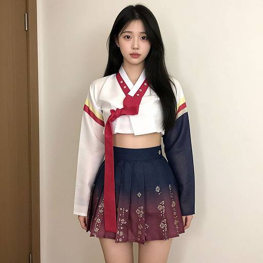 Photograph of a young Asian woman with long black hair, wearing a Korean-style school uniform with a white cropped top, red necktie, and black