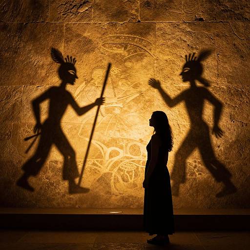 Photograph of a silhouetted woman walking past a textured wall, illuminated by a warm, golden light, casting shadowy, tribal warrior figures