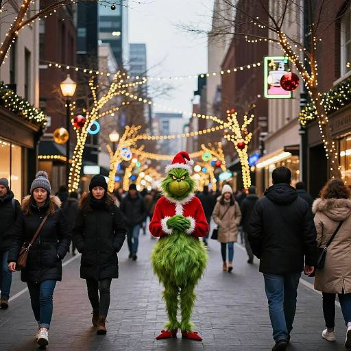 Photograph of a festive city street at dusk, featuring a green, fuzzy Christmas elf costume standing center, surrounded by pedestrians and string lights.