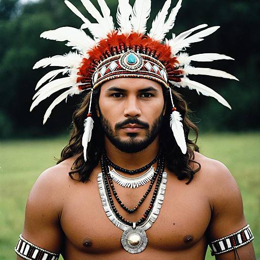 Man in Tribal Feathered Headdress and Jewelry