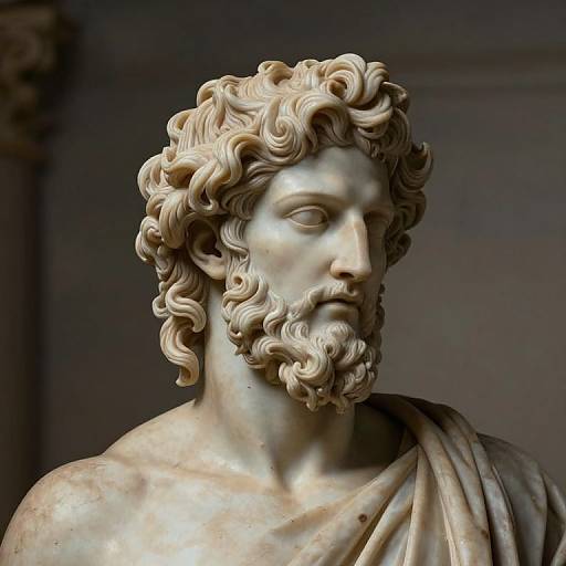 Photograph of a detailed marble statue of a bearded, curly-haired classical male figure with a serene expression, draped in a cloth.