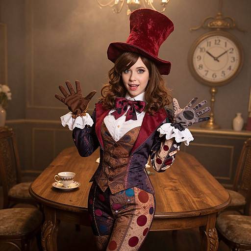 Photograph of a curly-haired woman in a Victorian steampunk outfit, including a red top hat, gloves, and polka-dot suit, standing