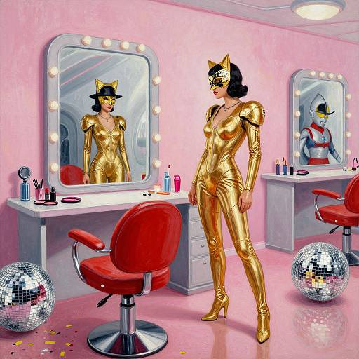 Digital art of a woman in a shiny gold catsuit and mask, standing in a pink-lit dressing room with mirrors, red chairs, and disco