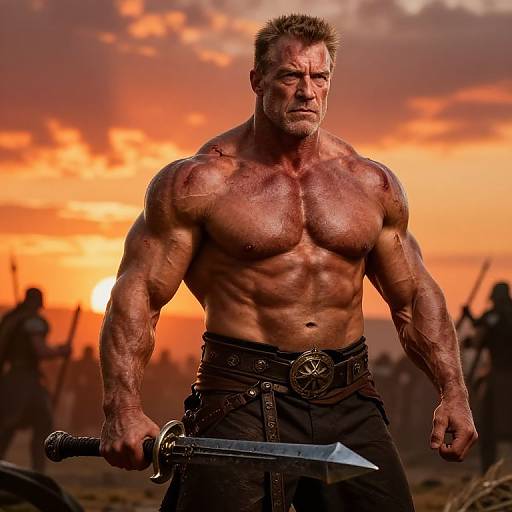 Photograph of a muscular, shirtless, older man with short, spiked hair, holding a sword, standing against a vivid orange sunset sky with sil