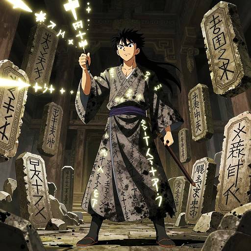 Ancient Rune Scribe in Glowing Robes