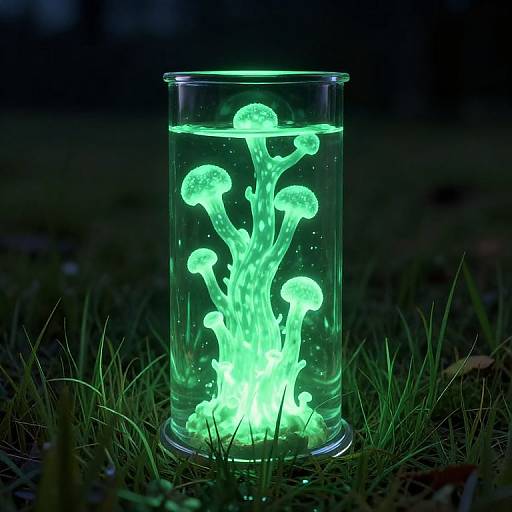 Photograph of a glowing, neon green, bioluminescent jellyfish-like substance in a clear glass cylinder on dark grass.