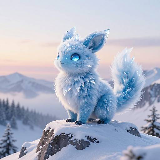 Digital artwork of a blue, glowing-eyed, fluffy snow fox with icy fur standing on a snow-covered rock in a winter mountain landscape at sunrise.