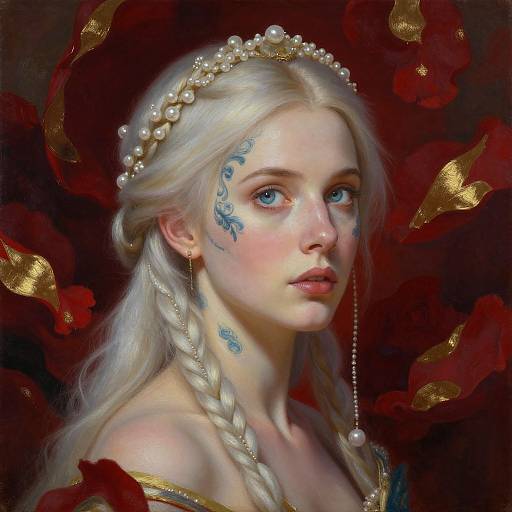 Digital painting of a pale-skinned, blue-eyed, blonde woman with braided hair, pearl headband, blue tattoos, and gold earrings, set