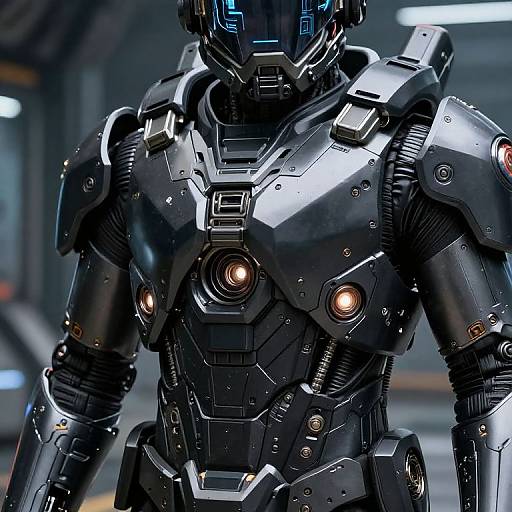 Photorealistic CGI of a futuristic, black armored robot with glowing orange eyes and intricate mechanical details, set in a dimly lit industrial background.