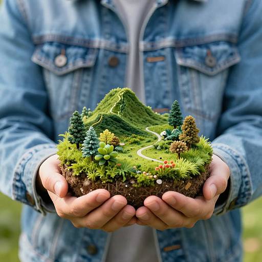 Photograph of hands holding detailed miniature landscape with moss, tiny trees, and plants, against a denim jacket background.