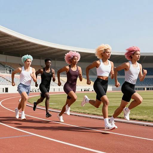 Photograph of four diverse women with colorful afro hairstyles running on a red track in a stadium, wearing athletic attire.