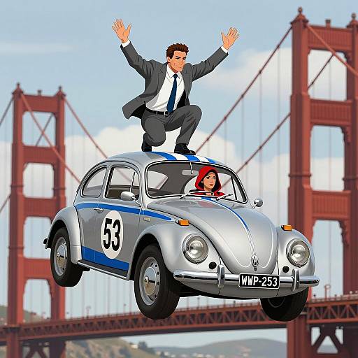 Dynamic Volkswagen Beetle Above Golden Gate