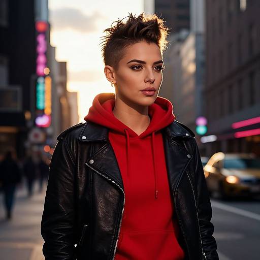 Photograph of a confident woman with short, spiked brown hair, wearing a black leather jacket and red hoodie, standing in a bustling city street at sunset