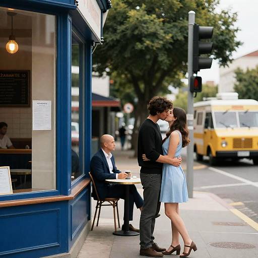 Couple Kissing on City Sidewalk