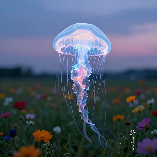 Photograph of a glowing blue and pink jellyfish with translucent tentacles floating above a vibrant field of colorful flowers at dusk. Artist watermark in bottom right