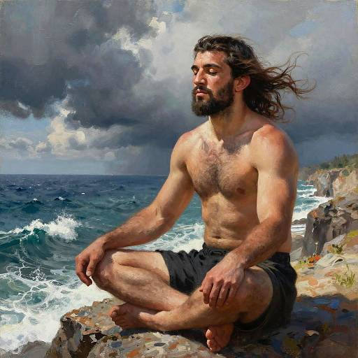 Digital painting of a muscular, bearded man with long brown hair sitting cross-legged on a rocky beach, wearing black shorts, gazing at the ocean