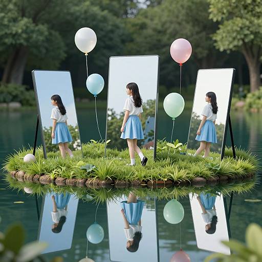 Photorealistic CGI: Three young women in white shirts and blue skirts stand on a grassy island with balloons, reflected in a serene lake, surrounded