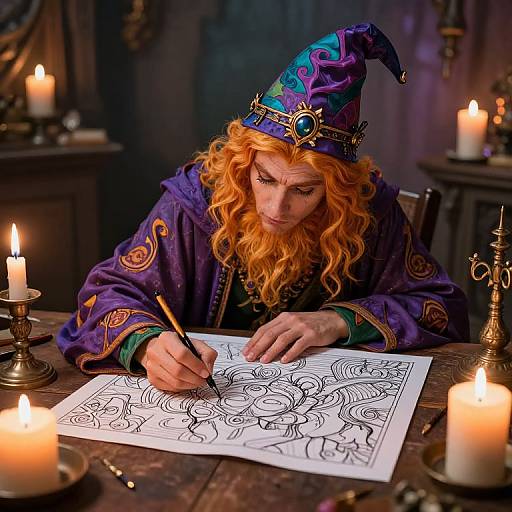 Photograph of a wizard with long orange hair, purple robe, and blue hat, drawing intricate black lines on paper, surrounded by lit candles in a